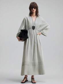 Ontre 女士亚麻休闲优雅条纹V领宽松长袖连衣裙，适合教师、都市女性、度假、秋季 - 綠色 - 查看 4