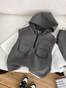 3 PiecesBoys Casual Vest, Short Sleeve T-Shirt And Shorts Set, Suitable For Commuting, School, Leisure, Travel, Sports, Spring/Summer/Autumn/Winter Seasons Boys Casual Outfit Set Boys Hooded Vest Outfit Boys 3 Piece Set Toddler Boy Clothes - Grey - View 7