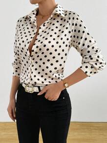 EMERY ROSE 女士波点缎面简约衬衫，不对称下摆，波点衬衫，波点上衣，休闲春季大学秋季女装 - 彩色 - 查看 3