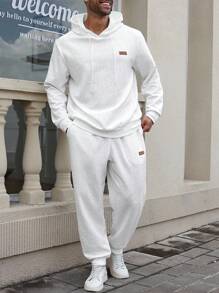 Manfinity Homme 大码男士纹理面料休闲连帽衫和裤子套装 - 白色 - 查看 5