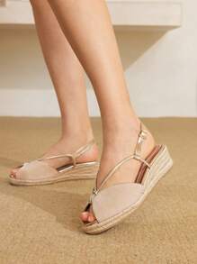 Styleloop 女士坡跟厚底编织凉鞋，波西米亚风格厚底鞋，适合万圣节、圣诞节、派对 - 杏色 - 查看 2