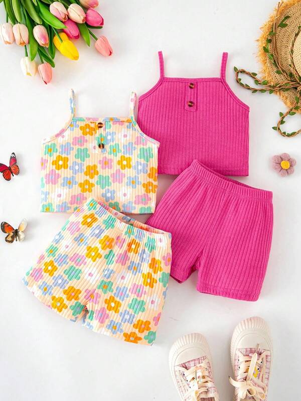 SHEIN Girls Valentine's Day Heart Pattern Camisole + Casual Shorts 2pcs Set