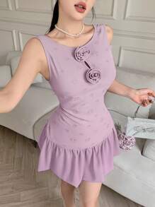 Modelyn Elegant 3D Flower Layered Hem Women Mini Dress - Pink - View 3