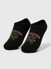 ROMWE Grunge Punk 2 Pairs Women Dark Red Spider Web & Spider Pattern Comfortable Short Socks, Style#1586325/411803, Halloween - Multicolor - View 2