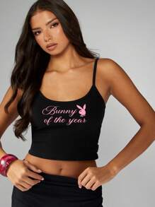 Missguided x Playboy Top corto tipo crop con estampado gráfico de conejo del año, parte superior de tirantes finos para festival de verano, camiseta sin mangas, camisola para usar en casa y salir de fiesta