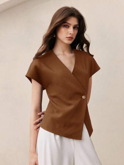 BizChic 2025 Summer New Independence Day Music Festival Party Outfit, Suitable For Wedding Guests, Brunch, Urban Fashion Commute, Daily Versatile Spring/Summer Ladies Elegant V-Neck Short Sleeve Blouse With Metal Button