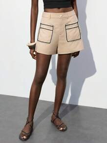 Maija 女式撞色饰边口袋休闲宽松短裤，时尚都市风格，百搭，简约，优雅，适合秋季外出、商务、休闲、学校、办公室穿着 - 杏色 - 查看 1