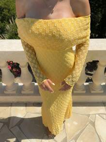 SHEIN Unity French Stylish Off Shoulder Elastic Lace Fitted Long Sleeve Yellow Dress For Women, Spring/Autumn Clothes For University - Yellow - View 3