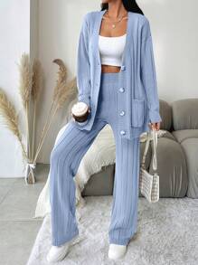 EURMUSE Ensemble Deux Pièces Cardigan Ample Et Pantalon Tricoté Pour Femmes - Bleu ciel - Voir 3