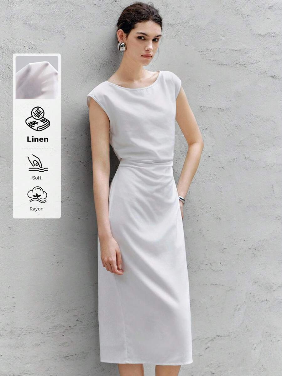 Chiquease Women's Elegant White Linen Blend Midi Dress With Round Neck And Cap Sleeves, Soft And Modest Design For Any Occasion. - White - View 1