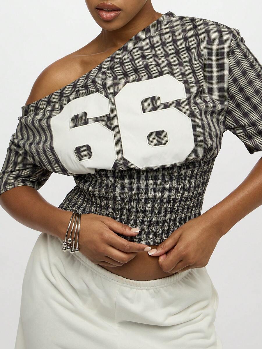 SUMWON WOMEN Off Shoulder Shirred Waist Crop Top With Sports Number Applique 66 Casual Street Style Retro Design Oversized Chic Statement Fashion Fall Winter - Black - View 1