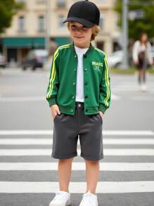 Explorewe 1pc Young Boys Jackets Grass Green Baseball Uniform Long Sleeve Stand Collar Striped & National Flag Print Hoodie Career Day,Autumn Back To School - Multicolor - View 8