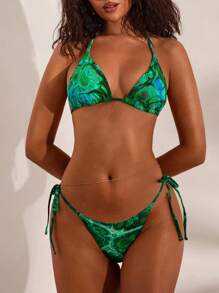 Opulessa 女士休闲度假露背系带比基尼上衣和三角泳裤 2 件套泳衣套装 - 綠色 - 查看 5