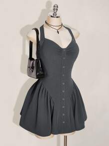 SHEIN ICON Plus Size Halter Cinched Waist A-Line Dress, Y2K, Back To School, Grey Dress - Grey - View 5