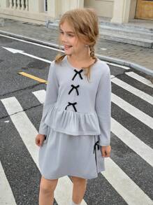 SHEIN Tween Girl Bow Decor Long Sleeve Ruffle Hem T-Shirt And Skirt Set - Grey - View 4