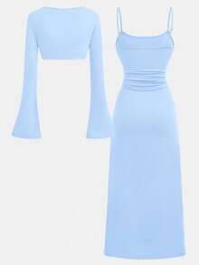 SHEIN Girlism Bộ 2 chiếc áo len cardigan màu trơn và váy suông bó sát cho bé gái tuổi teen, thanh lịch và hợp thời trang cho hoạt động ngoài trời và tiệc tùng - Màu xanh nhạt - Xem 2