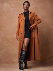 Zivah Abrigo Trench de Ante Naranja Quemado Otoñal con Solapa, Cinturón & Bolsillos, Elegante para Oficina, Desplazamiento y Streetwear, Estilo Universitario, Chaqueta Casual Diaria Marrón para Estudiantes - Marrón - Ver 3