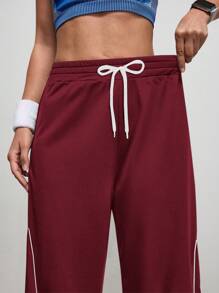 SHEIN Sports Women's Contrast Color Drawstring Waist Casual Sport Wide Leg Pants - Burgundy - View 6