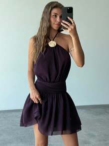 Aloruh Women's Dark Purple Summer Casual Mini Halter Neck Dress,Metal Shell Decor Ruched Chiffon Vacation Holiday Beach Outfits Wedding Guest Dress - Purple - View 7