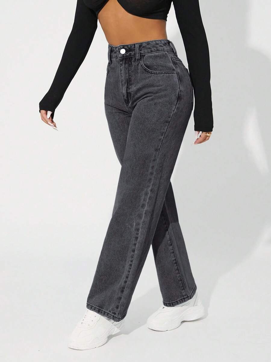 EURMUSE Sold Color Slant Pocket High Waist Straight Leg Jeans - Dark Grey - View 1