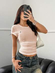 Zielony Solid Color Round Neck Short Sleeved Elegant Spring/Summer Ladies' Top Clothes For University - Pink - View 6