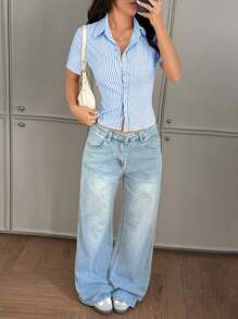 Chiquease ChicEase 法式修身黄白条纹短袖优雅女士职业衬衫，适合大学校园穿着 - 藍色 - 查看 6