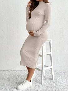 SHEIN 孕妇休闲纯色合身针织连衣裙 - 卡其色 - 查看 8