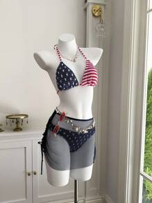 Comfortcana Conjunto de Maiô Bikini Halter com Nó Torcido e Estampa de Listras Contrastantes para Mulheres - Multicolorido - Visão 3