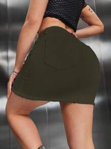 SHEIN SXY 休闲纯色时尚纽扣女式牛仔迷你裙 - 軍綠色 - 查看 2