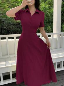 Modelyn Women's Solid Color Minimalist Button-Up Waisted Knee Length Sweater Dress - Burgundy - View 5