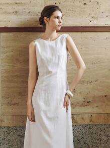 Chiquease 法式白色极简纯棉百褶后背拼接无袖连衣裙，优雅春夏新品 - 白色 - 查看 5