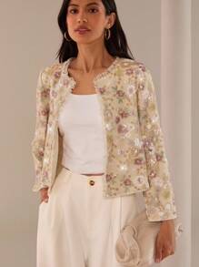 Lilora 女款休閒亮片裝飾長袖荷葉邊飾時尚襯衫蕾絲外套 透視女款夏季外套 花卉亮片外套 - 彩色 - 查看 4