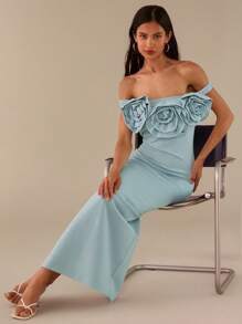 Lilora Robe longue élégante à épaules dénudées avec motif floral pour femmes - Bleu azur - Voir 6