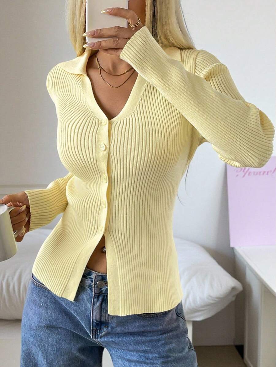 SHEIN EZwear Butter Yellow V-Neck Fitted Women Thin Cardigan, Autumn - Yellow - View 1