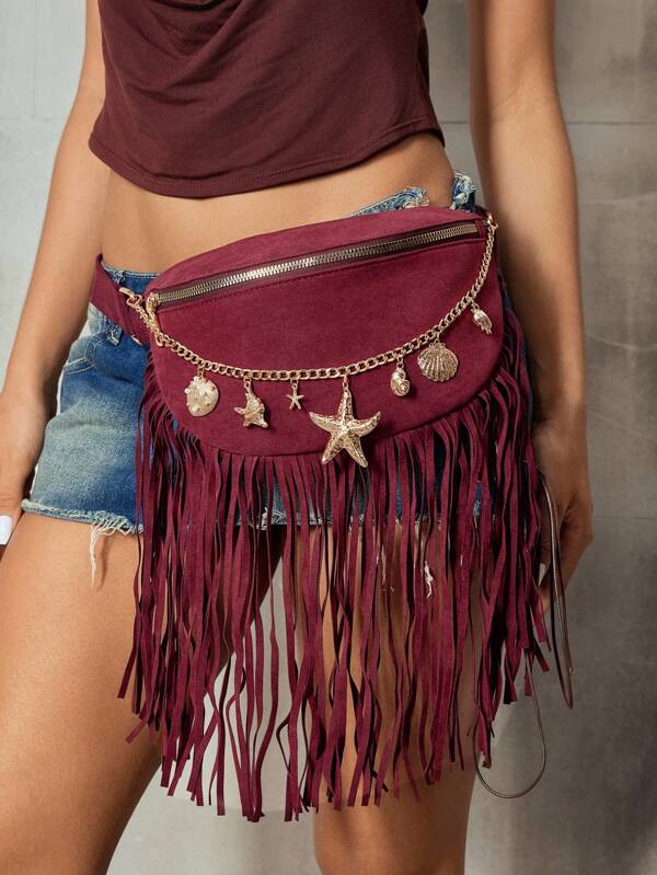SHECARRY Bolso de cintura decorativo con cadena y flecos con estilo Edgy Y2K de moda para mujer, ideal para festivales de música