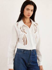 Aveloria Rosie Áo sơ mi trắng thêu kiểu mực thanh lịch có cổ áo sơ mi và khuy xà cừ, vải pha, tinh tế để mặc đi làm và mặc hàng ngày - trắng - Xem 5