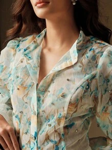 Anewsta Elaire Bộ 2 áo sơ mi và váy dài tay cổ tròn họa tiết hoa cho nữ, Xuân/Hè - Màu xanh lam - Xem 4