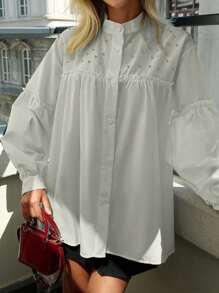 EURMUSE 100%纯棉钻石装饰灯笼袖立领衬衫 - 奶油色 - 查看 4