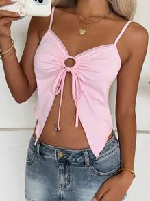 CovetEZ Women's Baby Pink Summer Elegant Y2k Night Out Butterfly Embroidery Backless Camisole Top,Ring Drawstring Asymmetrical Split Hem Perspective - Pink - View 7