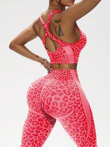 Slayform Slayform Conjunto deportivo rojo intenso para entrenamiento con diseño texturizado y estilo ajustado envolvente, conjunto de entrenamiento de estampado de leopardo de dos piezas, conjunto deportivo para mujer, conjuntos deportivos a juego para mujer, conjunto de entrenamiento de 2 piezas para mujer - Rojo - Ver 6