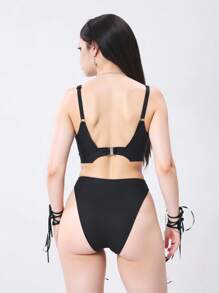 ROMWE Goth Bộ bikini 2 mảnh áo bikini trơn màu và quần tam giác cho nữ, Halloween - màu đen - Xem 2