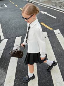 青少年女孩纯色优雅长袖开叉衬衫 - 棕色 - 查看 6