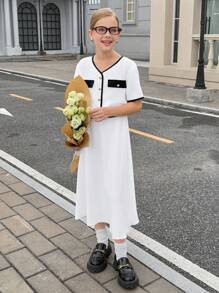 青少年女孩撞色短袖T恤和无袖连衣裙两件套 - 卡其色 - 查看 1