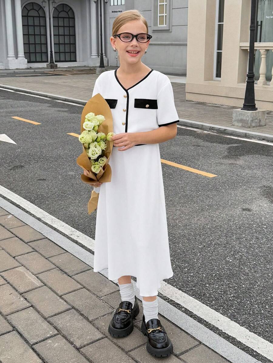 青少年女孩撞色短袖T恤和无袖连衣裙两件套 - 卡其色 - 查看 1
