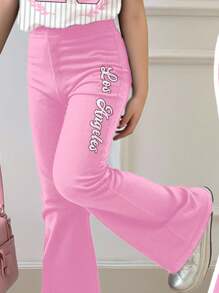 SHEIN 女童两件套：亮粉色蝴蝶结条纹字母和蝴蝶印花短款 T 恤和喇叭裤，休闲宽松，夏季 - 彩色 - 查看 5