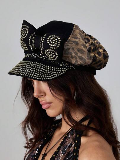 Grunge Punk 1pc Women's Rhinestone Bow Newsboy Cap
