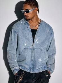 ROMWE MEN Street Life Men's Autumn Long Sleeve Pocket Zipper Collar Sparkling Diamond Denim Hooded Jacket - Blue - View 1