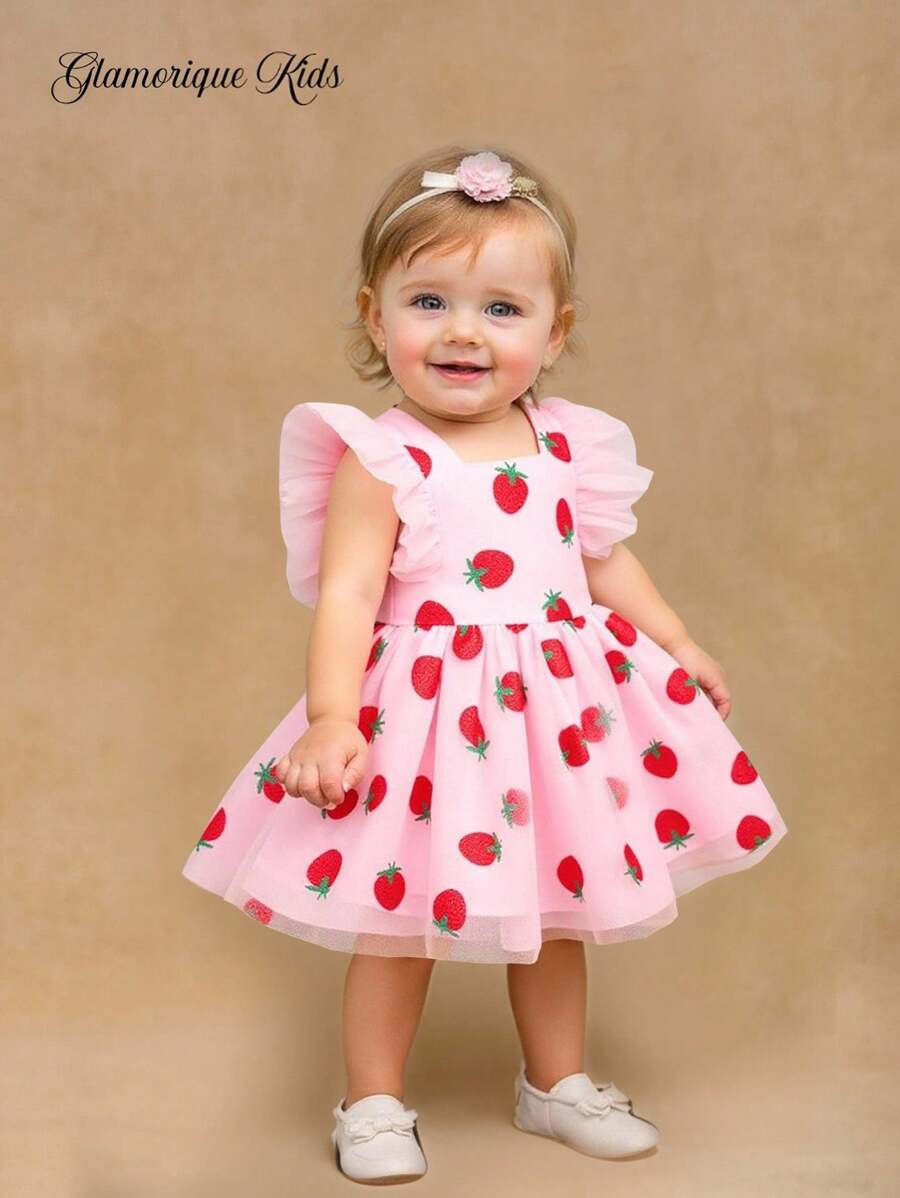 Glamorique Kids Baby Girl Pink Strawberry Glitter Tulle Tutu Dress, Popular Design - Pink - View 1