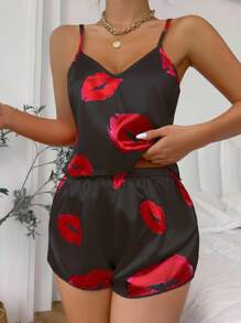 SHEIN Faux Silk Lip Print Camisole And Shorts Pajama Set - Multicolor - View 3