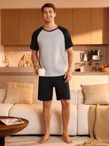 Manfinity Underwear&Sleepwear Basics 男士夏季拼色插肩短袖上衣和短裤睡衣套装 - 黑色 - 查看 4